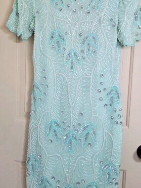 Vintage 90's Leslie Fay Sequin & Pearl Beaded Midi Sheath Silk Dress Sz 12